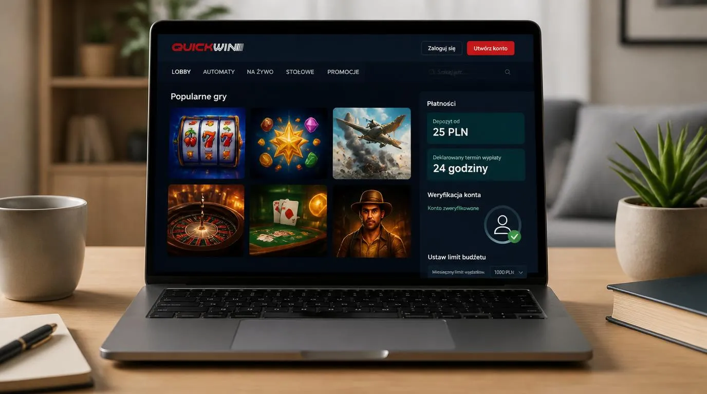 Laptop z katalogiem gier kasynowych oraz panelem depozytu 25 PLN i deklarowanego terminu wypłaty 24 godziny
