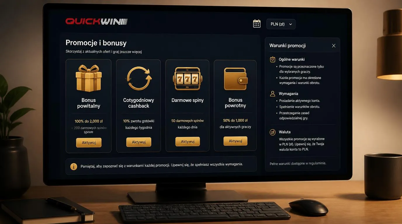Panel promocji kasynowych z bonusem powitalnym, cashbackiem i tygodniowymi darmowymi spinami