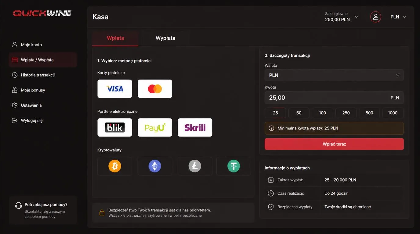 Panel kasy w języku polskim z wyborem kart, portfeli i kryptowalut oraz walutą PLN