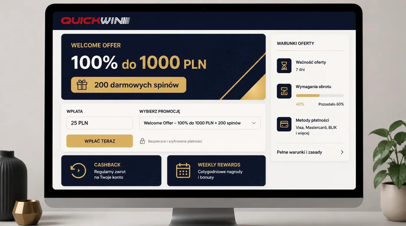 Panel bonusu powitalnego z ofertą 100% do 1000 PLN, 200 darmowymi spinami i minimalnym depozytem 25 PLN